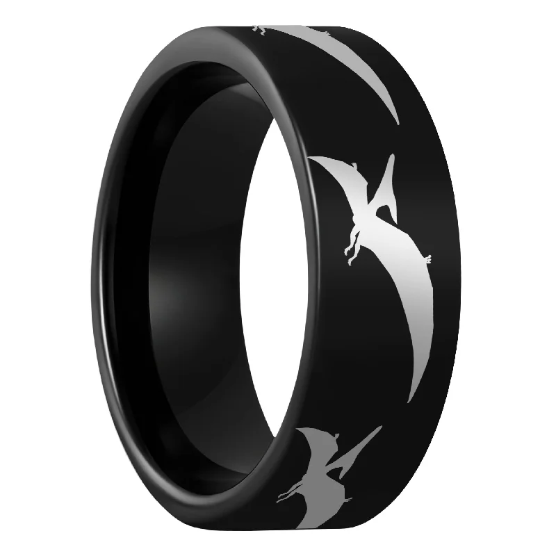 Affordable gold ladies rings-Pterodactyl Dinosaur Black Tungsten Men's Wedding Band