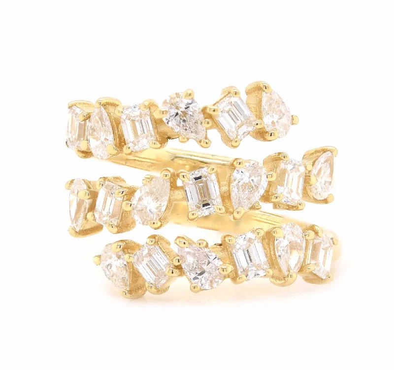 Affordable custom engagement rings-18 Karat Yellow Gold Three Row Pear and Baguette Diamond Bypass Ring