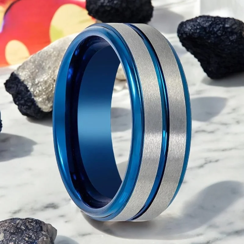 Stunning ladies rings for parties-MAXTOM | Blue Tungsten Ring, Silver Stripes, Blue Groove, Stepped Edge