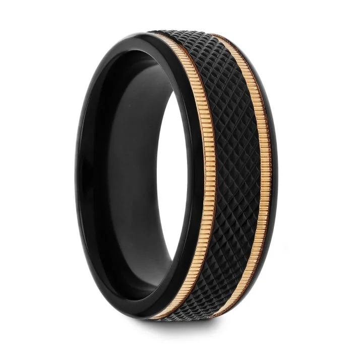 Luxury engagement rings with diamonds and gold-Black Titanium Diamond Patterned Men's Wedding Band with Gold Milgrain Grooves