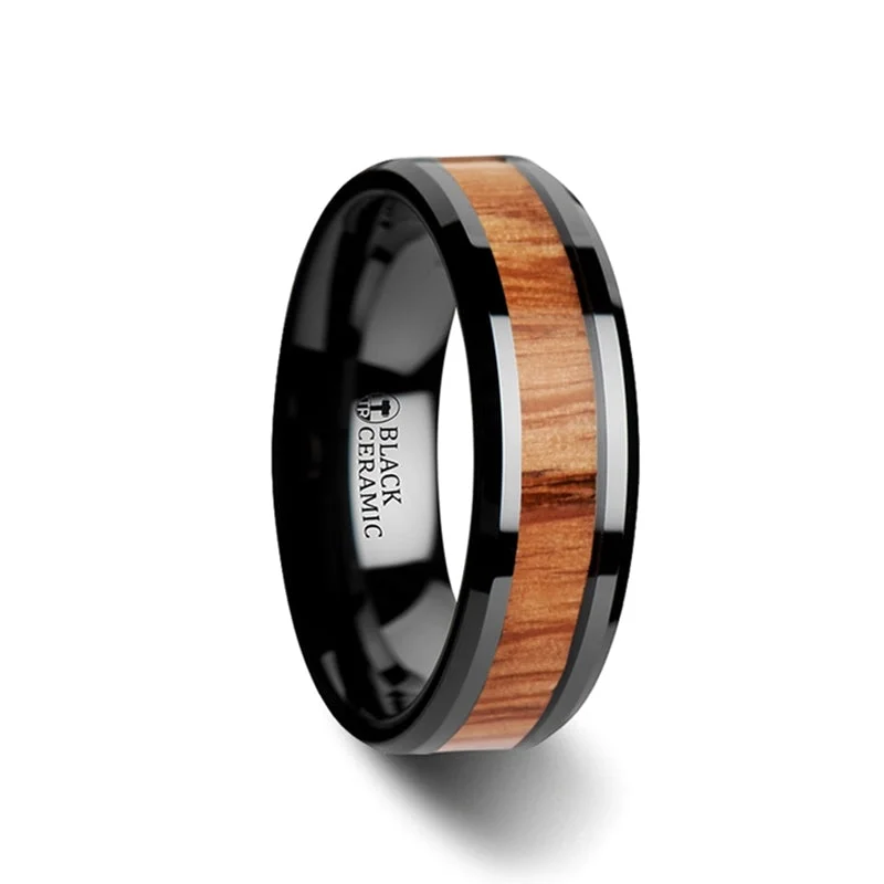 Handcrafted ladies rings with stones-Black Ceramic Men's Wedding Band with Red Oak Wood Inlay