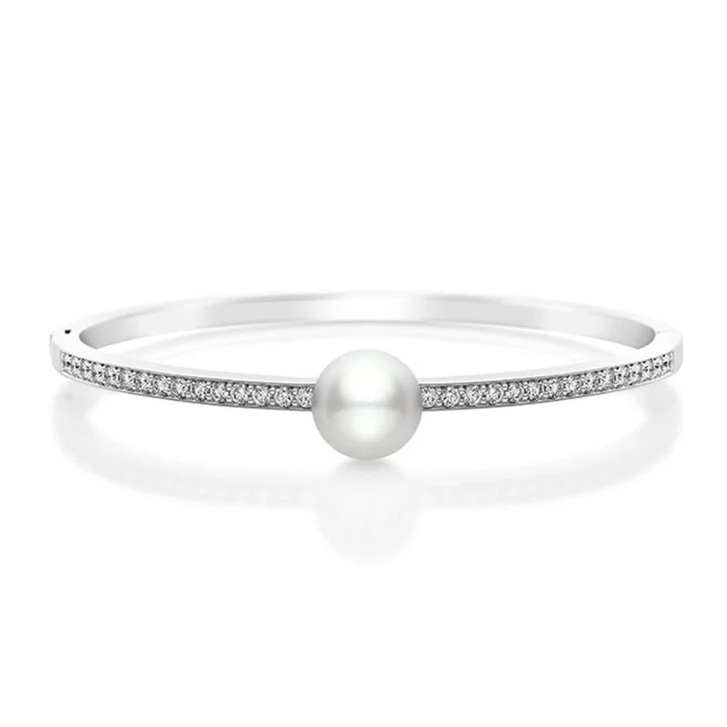 Stylish silver bangles for ladies-MIKIMOTO White South Sea Pearl & Diamond Bangle