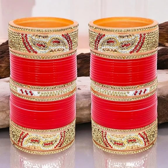 Custom design bracelets for ladies-Tehzeeb Creations Bridal Bangle Set Designer Golden White & Red Stone Chuda Bridal Wedding Choora Fashion Chura For Women