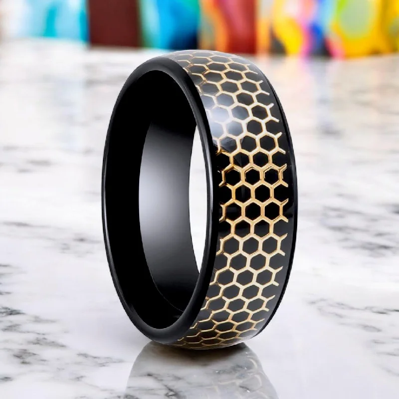 Gold ladies rings for engagement-CASTORLAND | Black Tungsten Ring, Gold Honeycomb Inlay, Domed