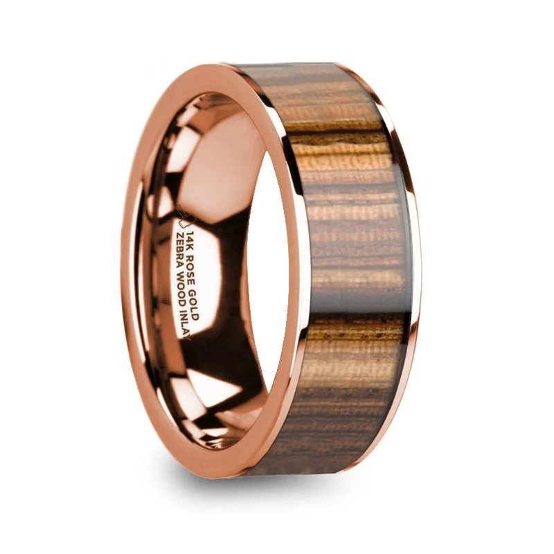 Unique gemstone ladies rings-Men's 14k Rose Gold & Zebra Wood Inlay Wedding Band