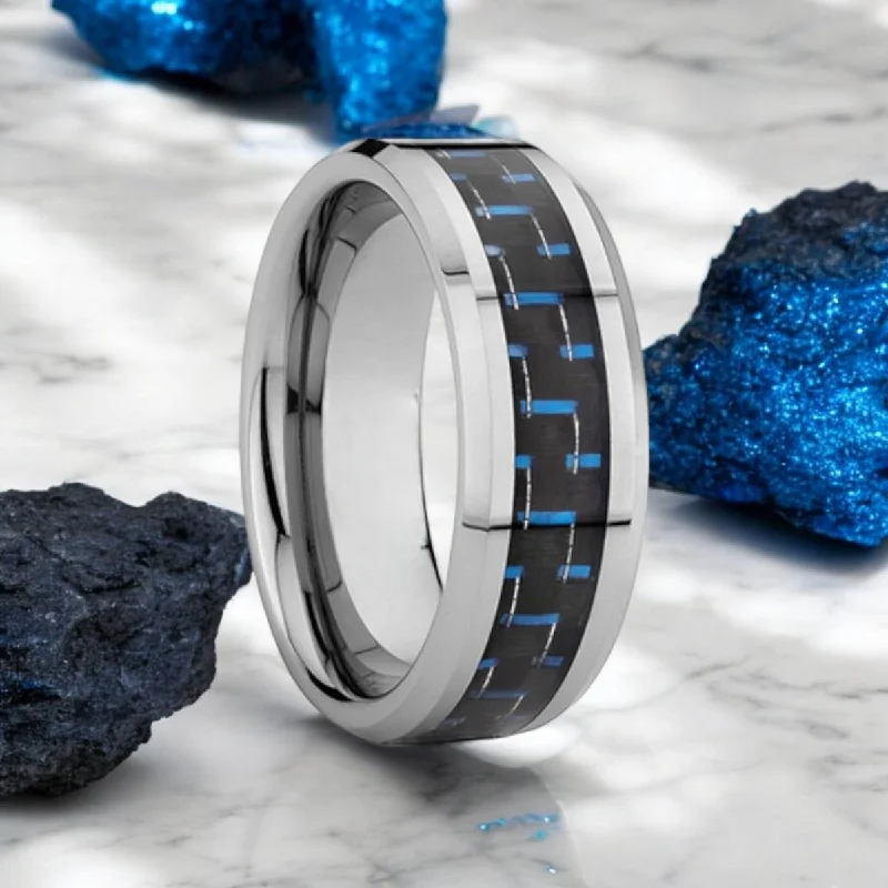 Fashionable ladies rings with pearls-AUXILIUS | Silver Tungsten Ring, Blue Carbon Fiber Inlay, Beveled