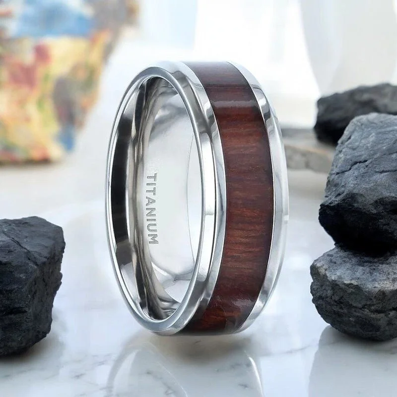 Colorful ladies rings for fashion-SEQUOIA | Titanium Ring, Redwood Inlay, Polished Beveled Edges