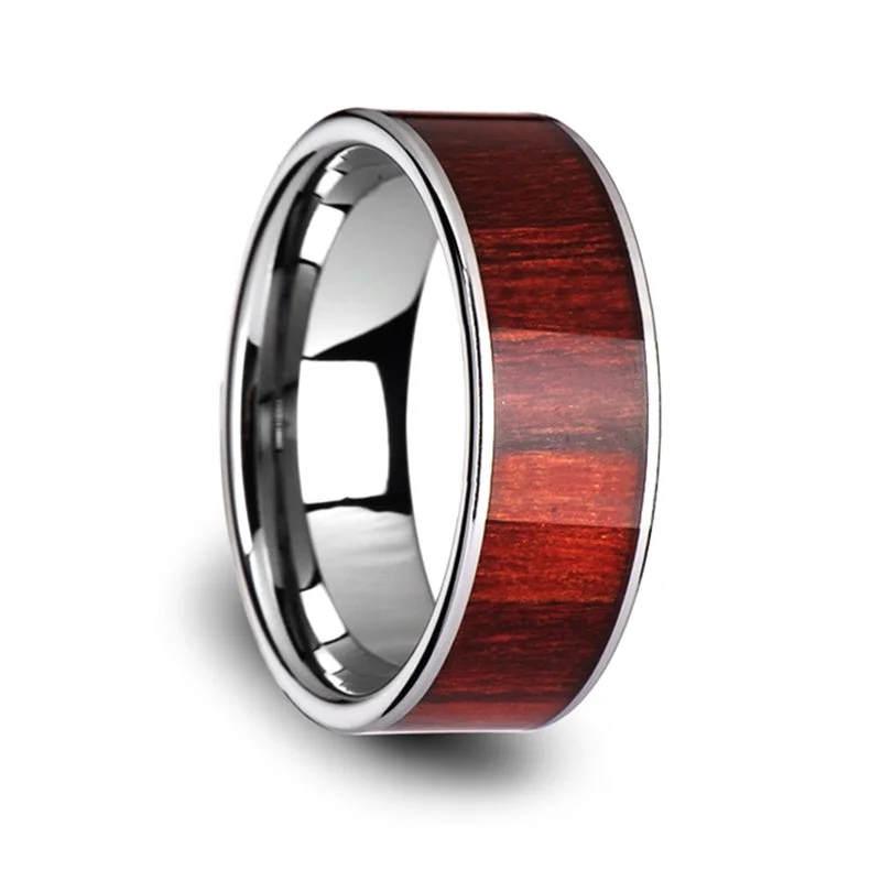 Luxury ladies rings with rubies-Tungsten Wedding Band with Brazilian Rosewood Inlay