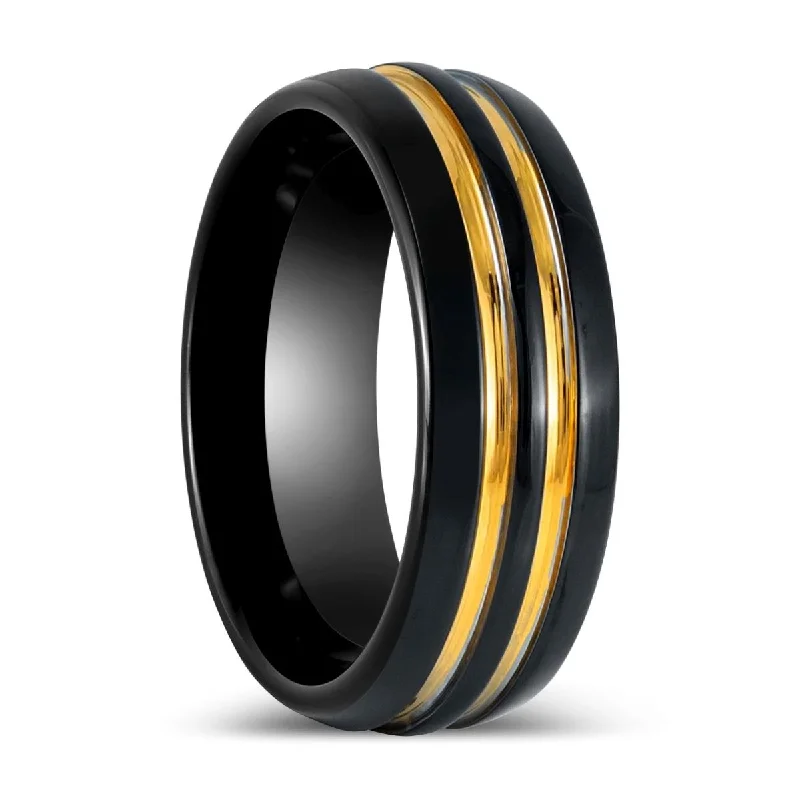 Affordable fashion ladies rings-JAUCA | Black Tungsten Ring Two Yellow Strips