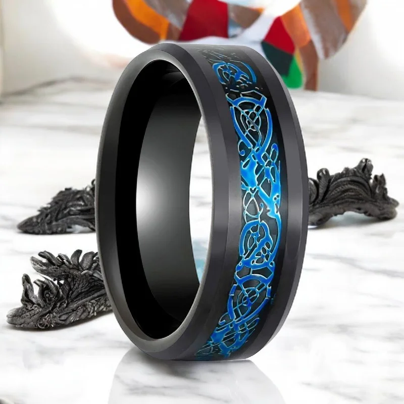 Gold ladies rings for engagement-BLUEKNOT | Black Tungsten Ring, Black and Blue Celtic Inlay, Beveled