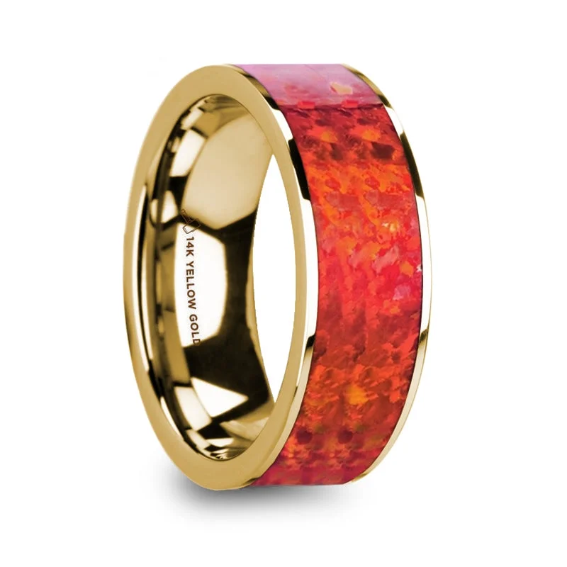 Trendy ladies rings with stones-Red Opal Inlay 14k Yellow Gold Men's Wedding Band