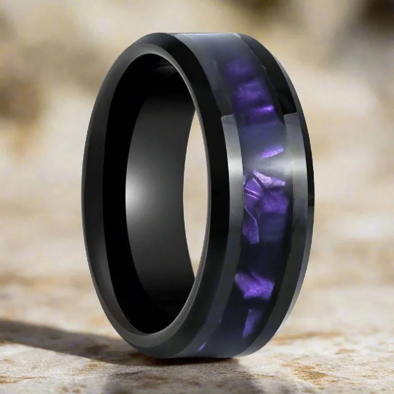 Solitaire ladies rings with diamonds-LUSTERS | Black Tungsten Ring, Purple Tiger Cowrie Inlay, Beveled