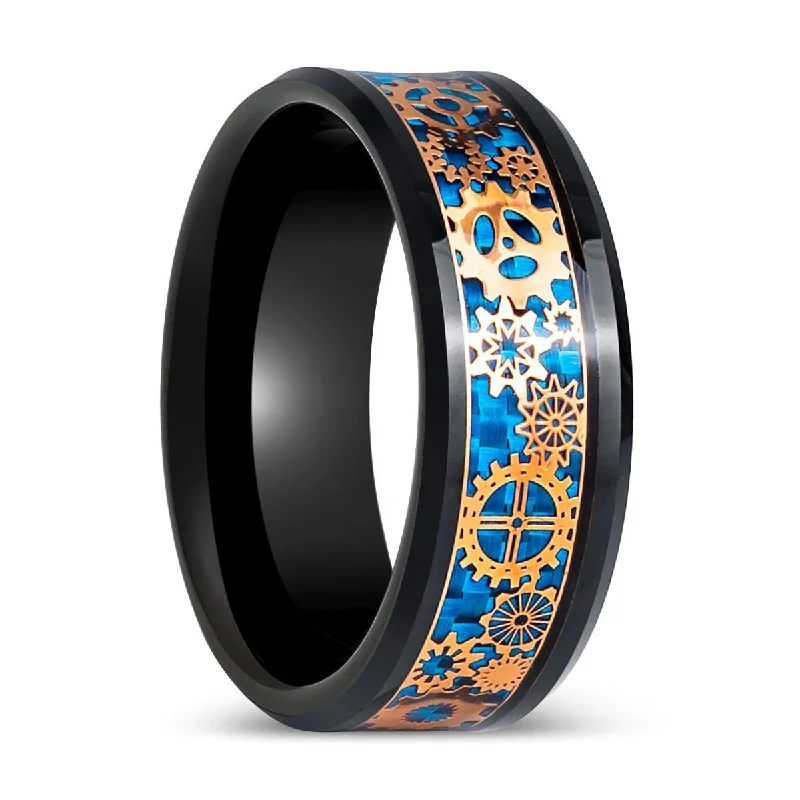 Wedding rings with emerald stones-CARBULEUM | Black Tungsten Ring, Steampunk Carbon Fiber Inlay, Beveled