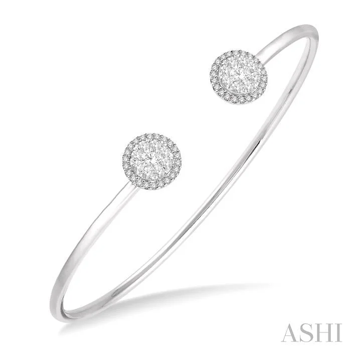 Ladies bangles with birthstones-STACKABLE ROUND SHAPE HALO LOVEBRIGHT ESSENTIAL DIAMOND OPEN CUFF BANGLE