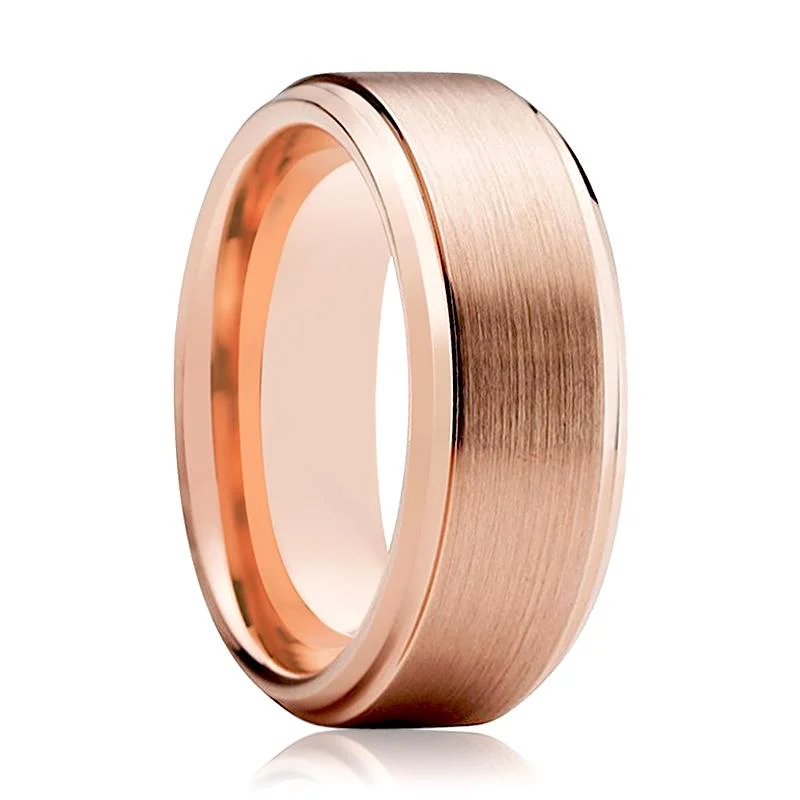 Personalized gemstone ladies rings-Rose Gold Couple Matching Wedding Band Brushed Finish & Beveled Edges