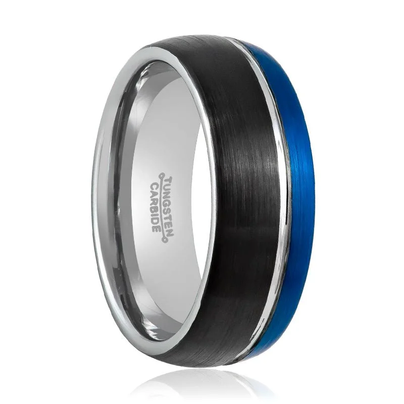 Wedding rings for women-HYBRID | Tungsten Ring Three Tone Natural, Blue & Black