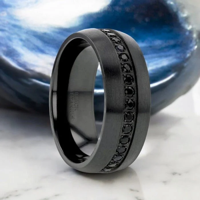 Stunning ladies rings for parties-TALON | Black Titanium Ring, Black Sapphires Inlay, Domed