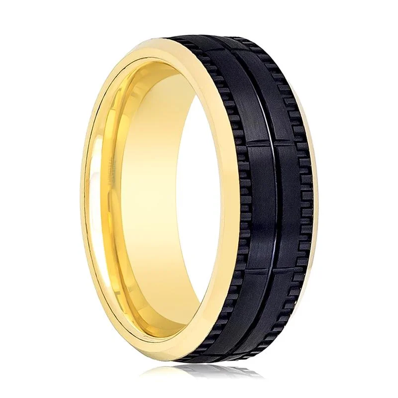 Handmade ladies rings with designs-Yellow Gold Beveled Men's Black Tungsten Wedding Band with an inset Groove in Center and Block Center Pattern