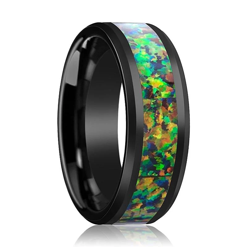 Oval cut diamond ladies rings-GALACTIC | Black Ceramic Ring, Blue & Orange Opal Inlay, Beveled