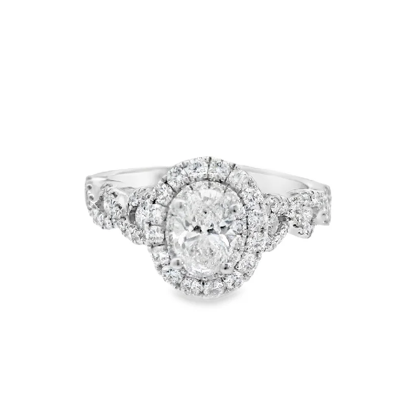 Luxurious engagement rings with oval diamonds-14K White Oval Diamond 0.30Ct Halo Engagement Ring