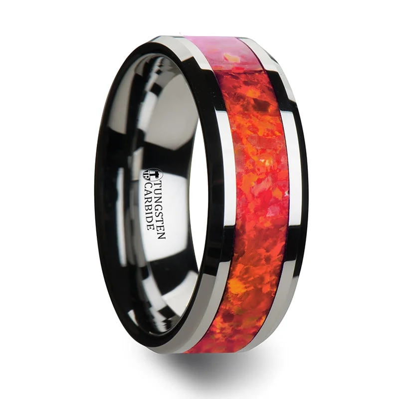 Affordable platinum ladies rings-Tungsten Men's Wedding Band with Red Opal Inlay