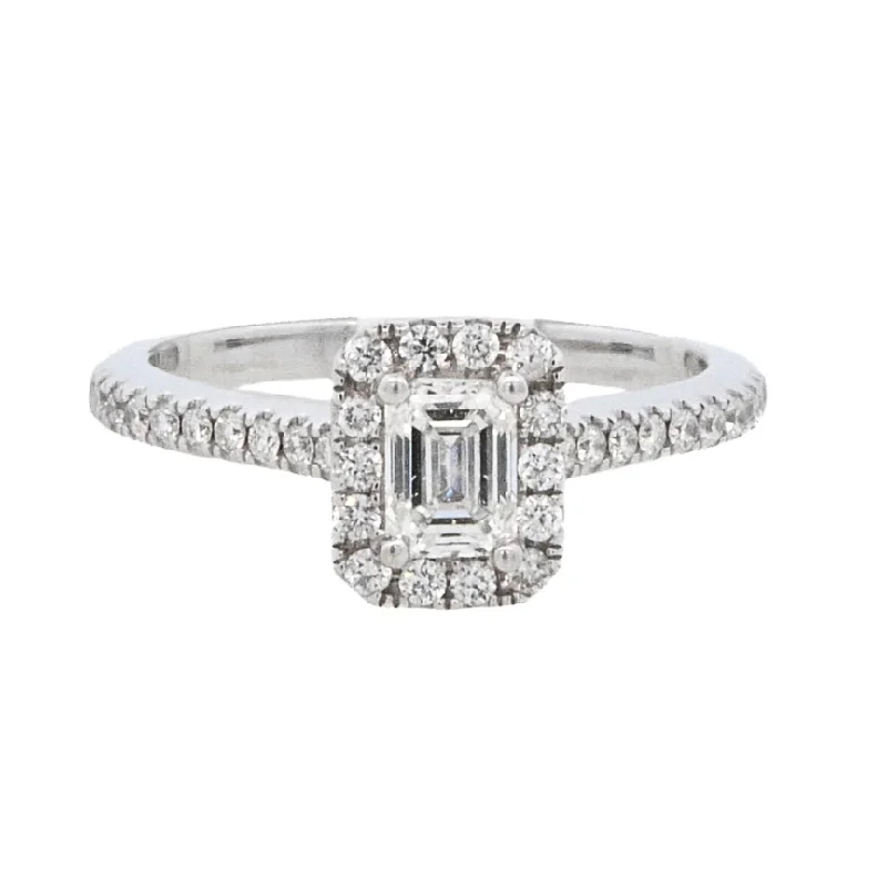 Engagement rings with vintage diamond cuts-14K White Emerald- Cut Diamond 0.50Ct Halo Engagement Ring