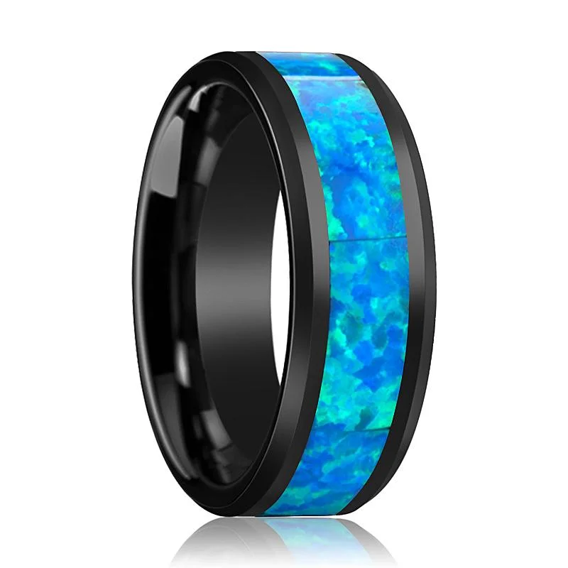 Customized ladies rings for engagement-QUANTUM | Black Ceramic Ring, Blue & Green Opal Inlay, Beveled