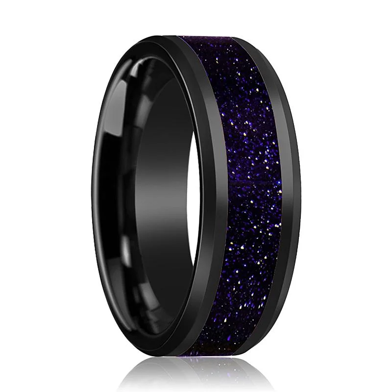 Custom engraved ladies rings-MELO | Black Ceramic Ring, Purple-Gold Stone Inlay, Beveled