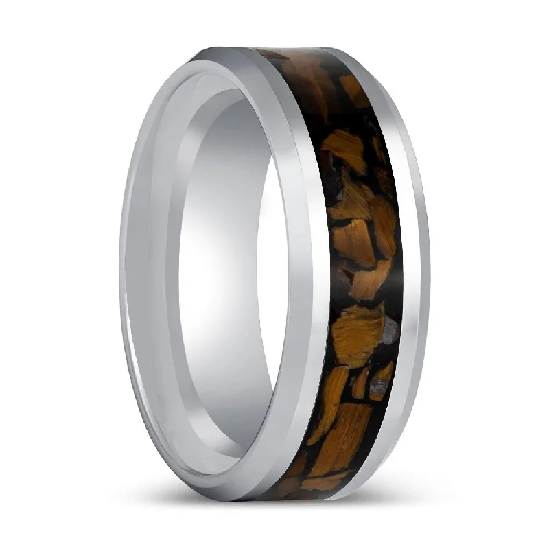 Yellow gold ladies rings for special occasions-TPOINT | Silver Tungsten Ring Tiger Eye Chips Inlay