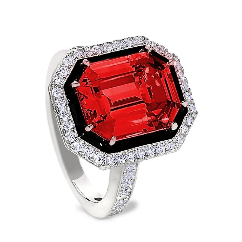 Engagement rings with alternative stones-Black Enamel & Simulated Ruby Octagon Women's Ring with Simulated Diamonds