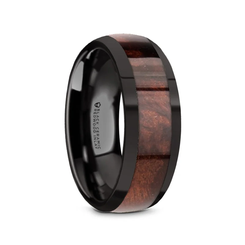 Ladies rings with emerald stones-Black Ceramic Men's Wedding Band with Redwood Inlay