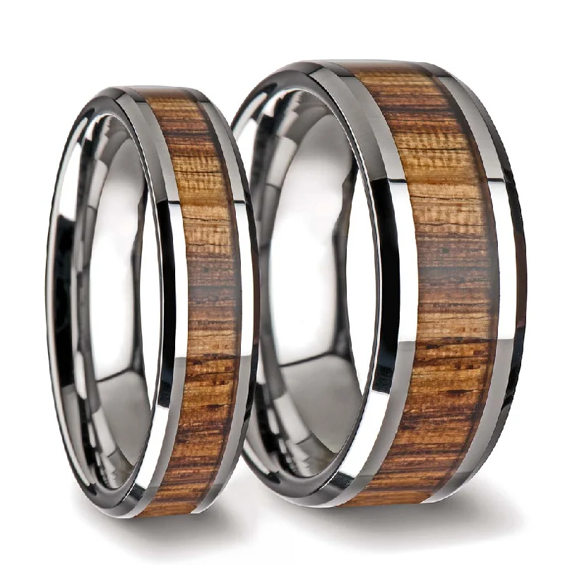 Ladies rings with birthstones for gifts-Zebra Wood Inlay Tungsten Carbide Couple's Matching Wedding Band Set