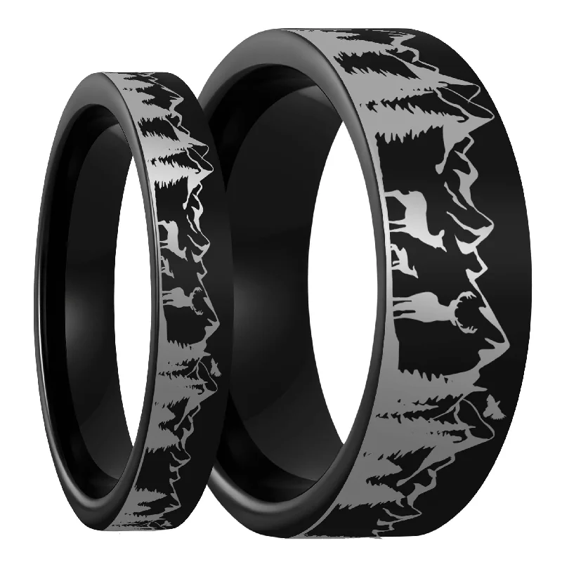 Simple engagement ladies rings-Deer & Mountain Range Black Tungsten Couple's Matching Wedding Band Set