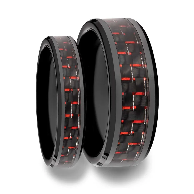 Elegant ladies rings with diamonds-Black & Red Carbon Fiber Inlaid Ceramic Couple's Matching Wedding Band Set