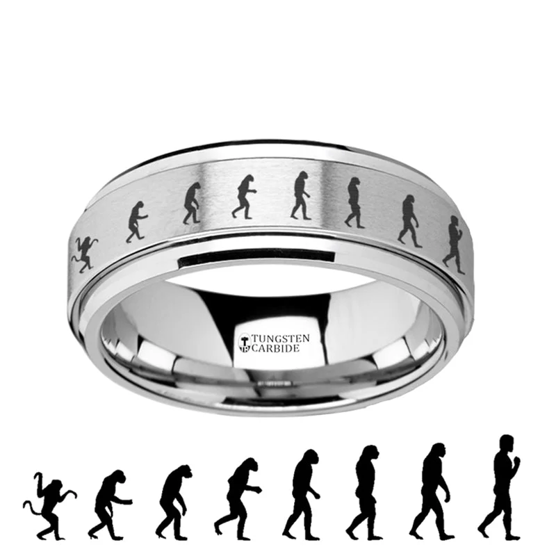 Oval cut diamond ladies rings-Human Evolution Engraved Spinner Tungsten Wedding Band