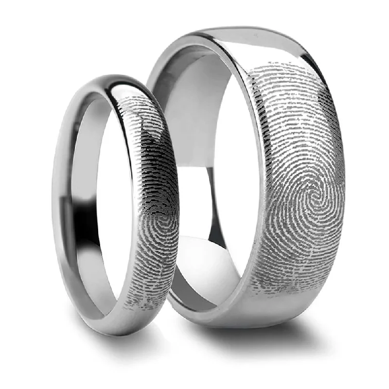 Handmade ladies rings with designs-Custom Fingerprint Engraved Domed Tungsten Couple's Matching Ring Set