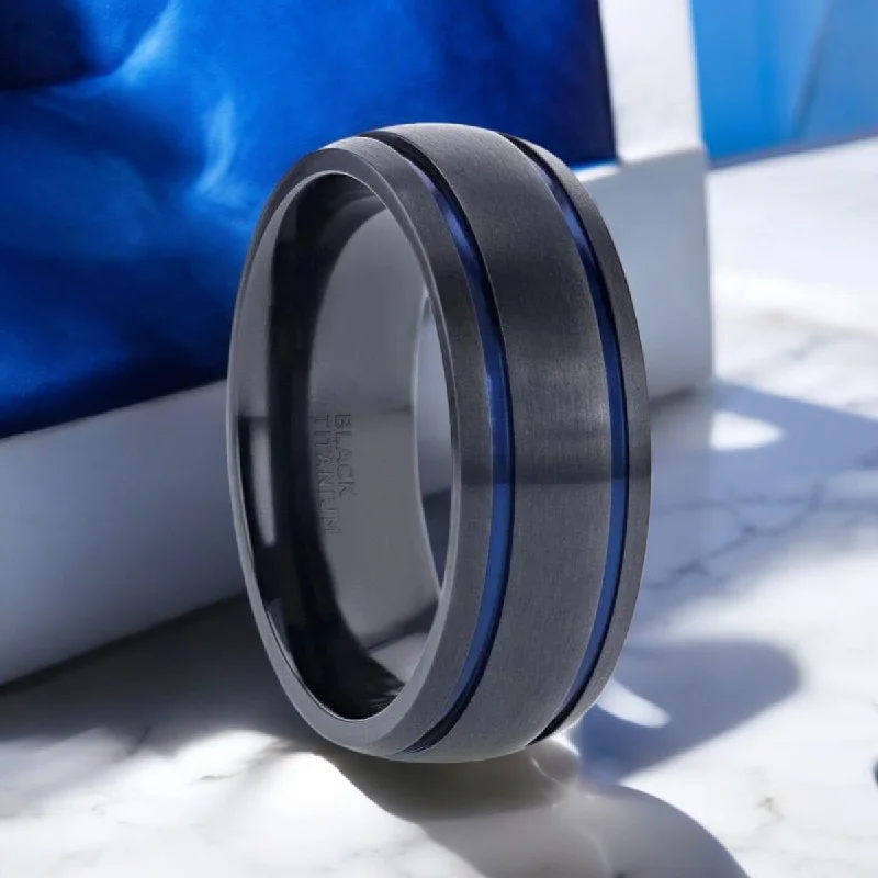 Fancy design ladies rings for everyday-SHERIFF | Black Titanium Ring, Two Blue Grooves, Domed