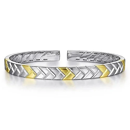 Elegant silver bracelets with diamonds-Sterling Silver and 14K Yellow Gold Open Herringbone Cuff Bangle