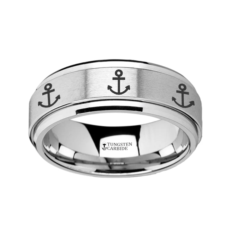 Affordable diamond ladies rings-Anchor Engraved Spinner Tungsten Wedding Band