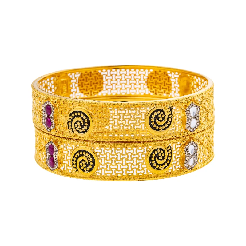 Elegant tennis bracelets for ladies-22K Yellow Gold, Kundan, Ruby, & CZ Bangle Set of 2 in Size 2.6 (39.2gm)