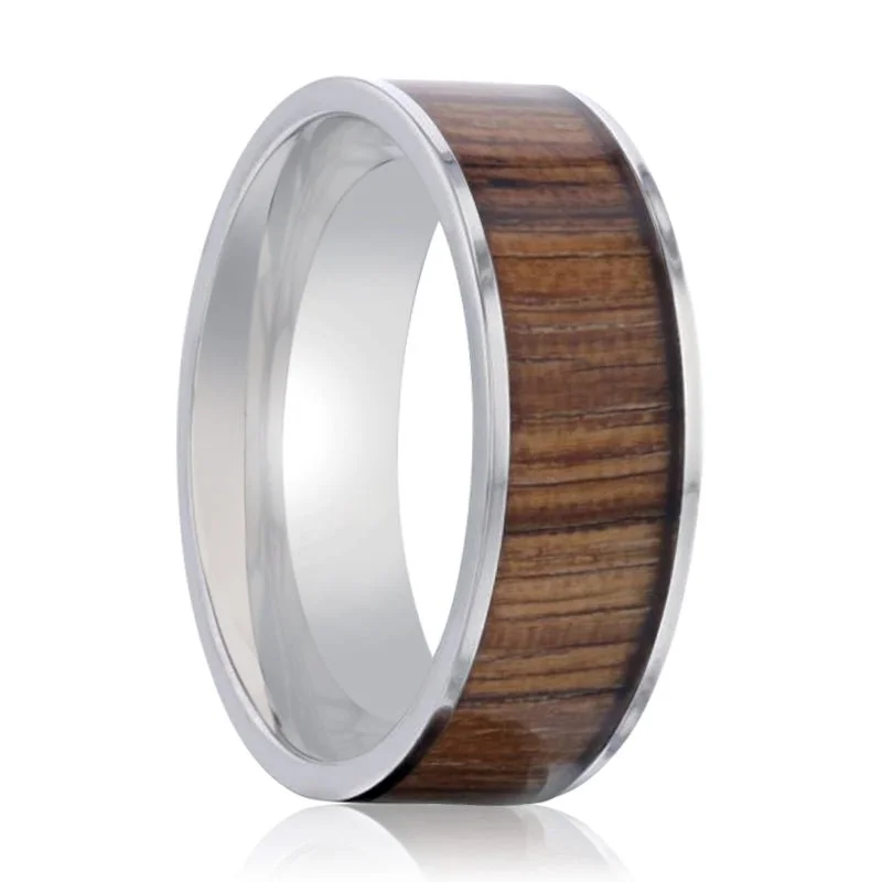 Unique gemstone ladies rings-LAMAR | Silver Titanium Ring, Zebra Wood Inlay, Flat