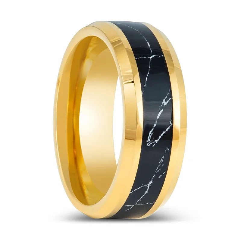 Precious stone ladies rings-PAVO | Yellow Tungsten Ring Black Turquoise Inlay