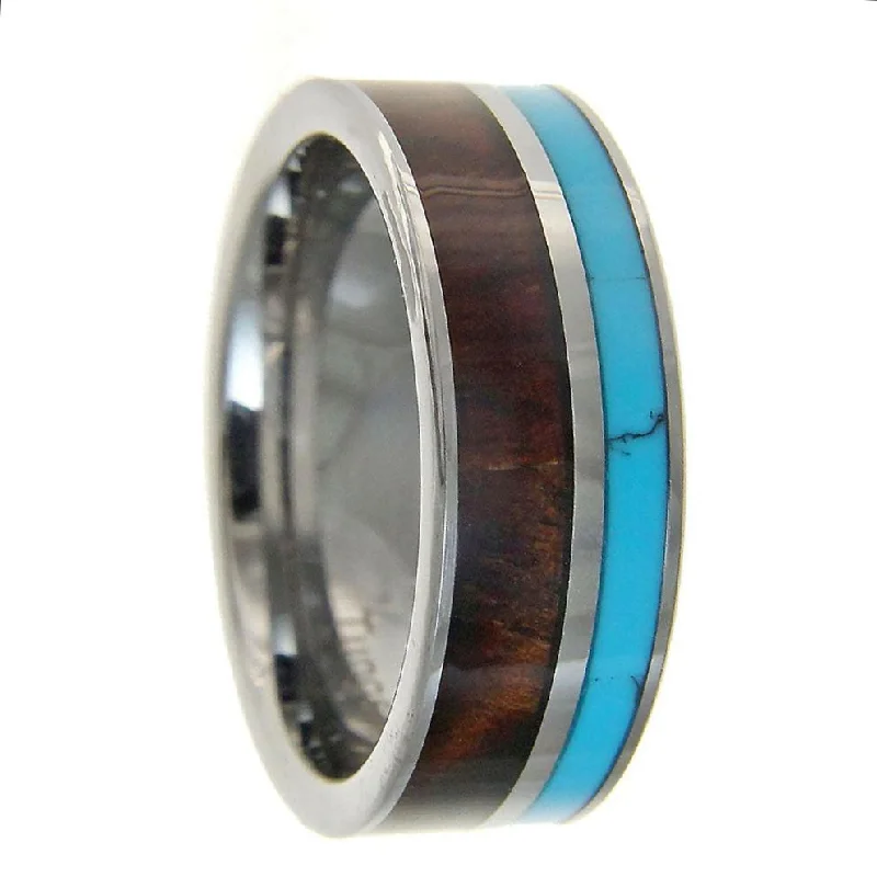 Fashionable ladies rings with pearls-Men's Tungsten Wedding Band with Turquoise & Koa Wood Inlay