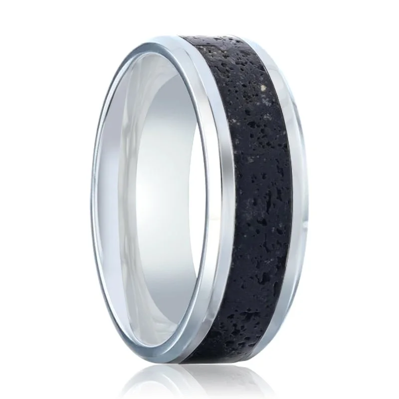 Trendy ladies rings with stones-MAUNA | Titanium Ring Black And Gray Lava Inlay