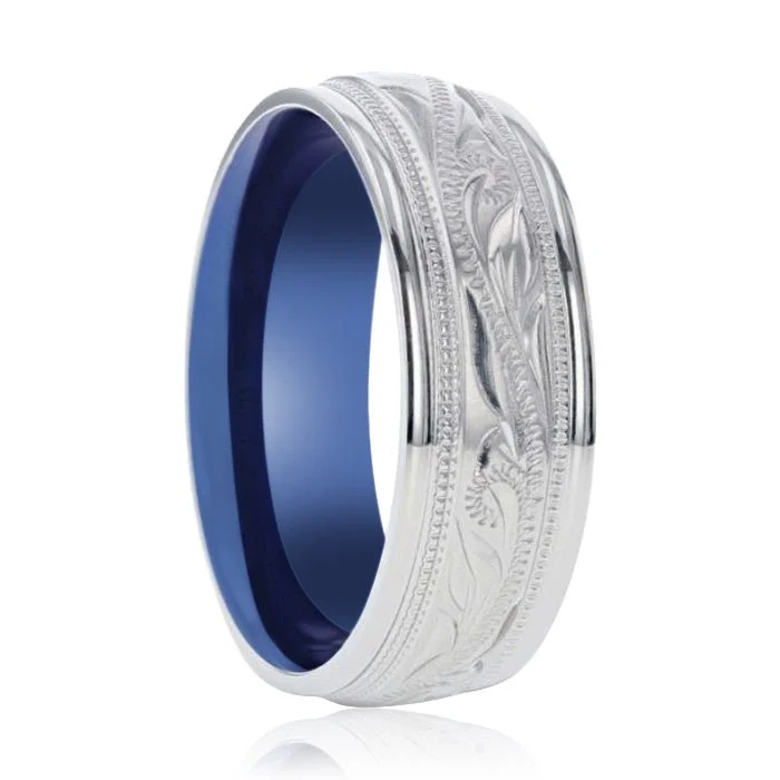 Exclusive designer ladies rings-MARINER | Titanium Ring Blue Inside ilgrain Engraved