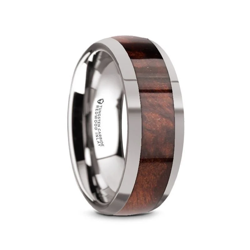 Double band ladies rings-Tungsten Men's Wedding Band with Redwood Inlay