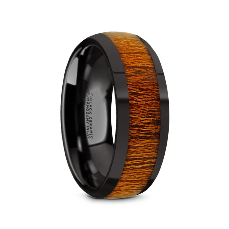 Wedding ladies rings with diamonds-Black Ceramic Men's Wedding Band with Mahogany Wood Inlay