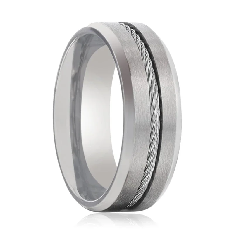 Ladies rings with large diamonds-ALBERT | Silver Titanium Ring, Steel Cable Inlay, Beveled