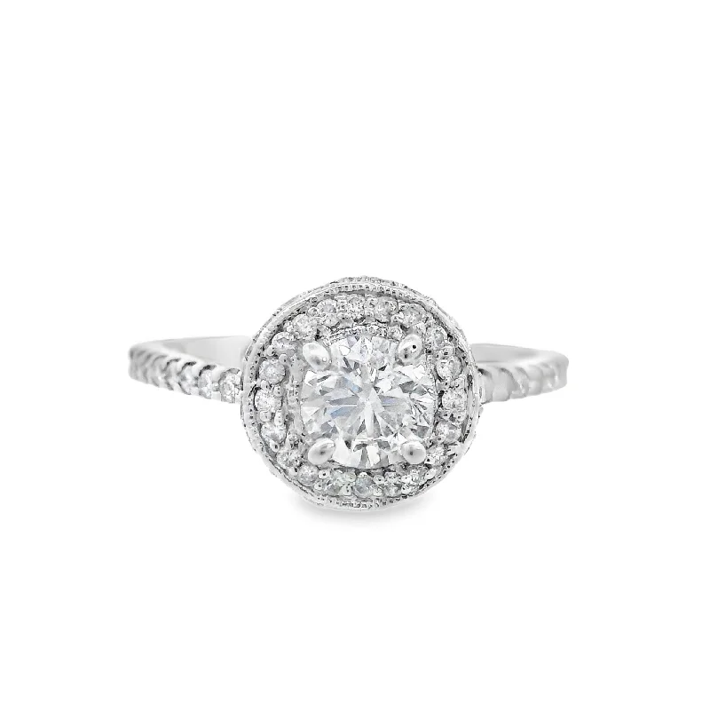 Beautiful vintage engagement rings-18K White Round Diamond 0.57Ct Halo Engagement Ring