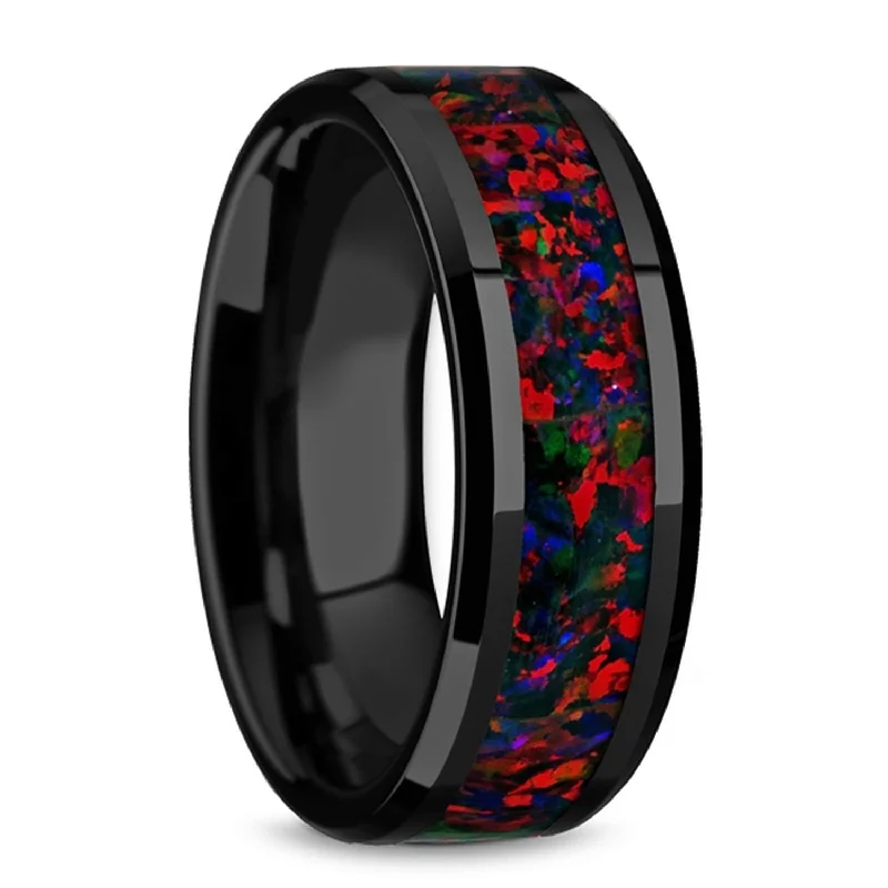 Trendy ladies rings with stones-Black Ceramic Men's Wedding Band with Black Opal Inlay